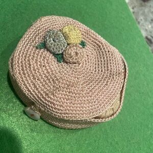 Handmade Vintage 40’s-50’s Pink Crocheted Basket w/ Thread Rolls